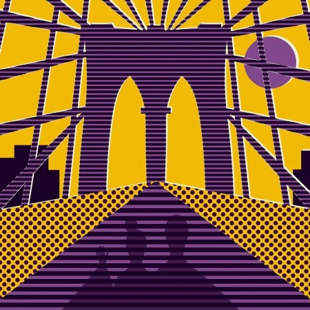 Stylized illustration of a bridge with two silhouetted figures in the foreground, set against a bright yellow and purple color scheme.