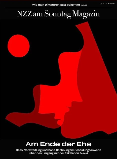 Magazine cover featuring stylized red silhouettes of two faces against a black backdrop, with red circle element. Text in German.