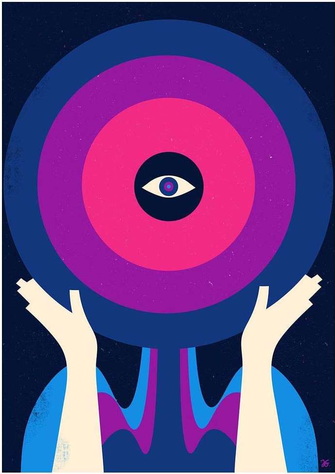 Illustration of hands raised beneath concentric circles with an eye at the center on a dark speckled background with a surreal quality.