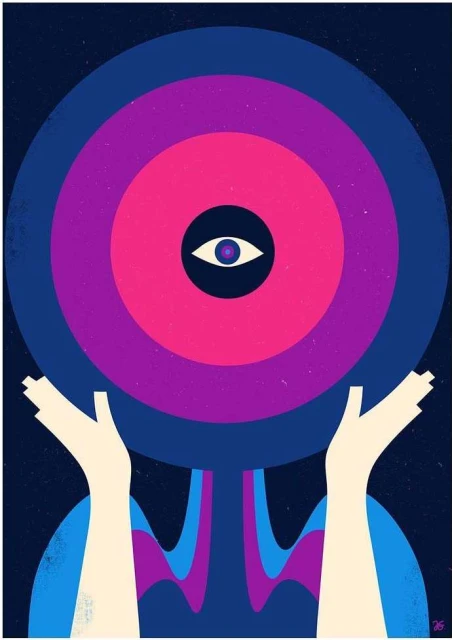 Illustration of hands raised beneath concentric circles with an eye at the center on a dark speckled background with a surreal quality.