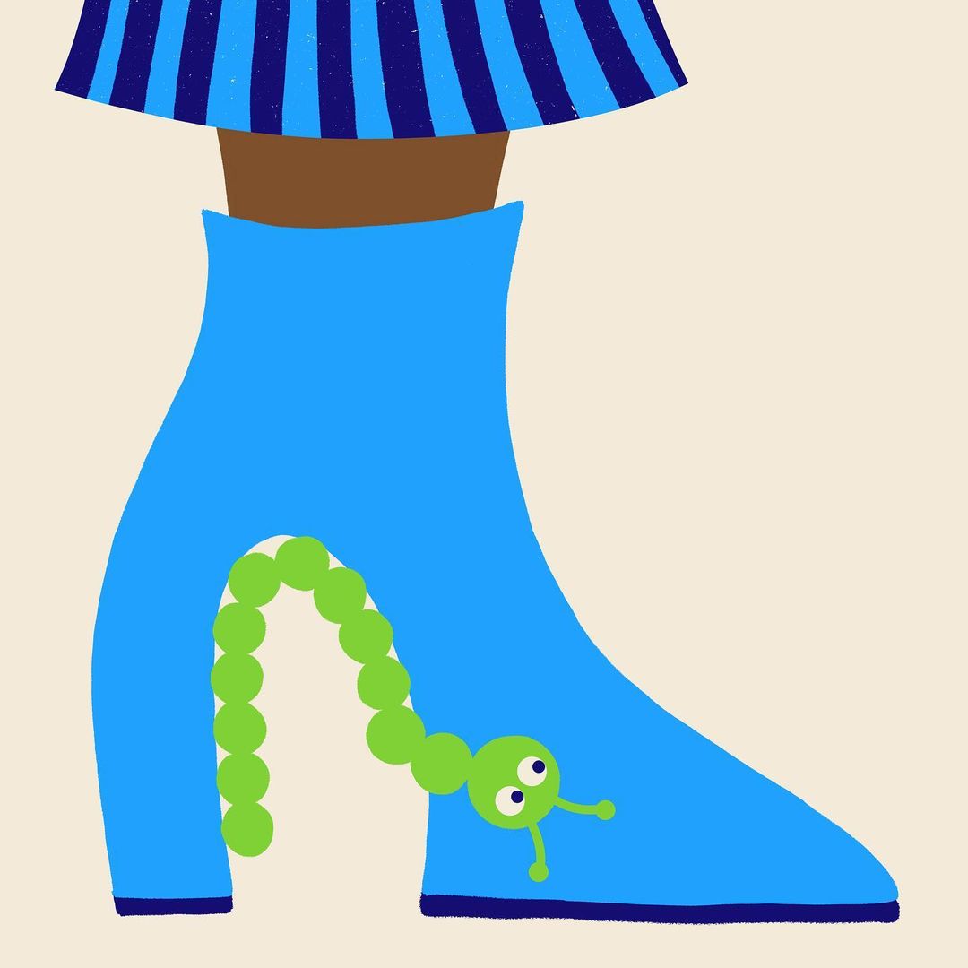 Whimsical illustration of a blue high-heeled shoe with a green caterpillar decoration against a cream background. Cartoonish and playful design.