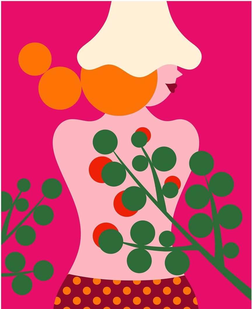 Stylized illustration of a woman with a tan complexion, a red hair, a polka dot skirt, standing against a vibrant pink background.