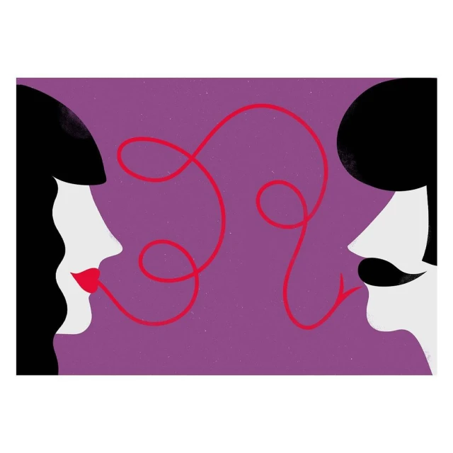 Illustration of two adult profiles facing each other with a red string connecting their mouths, set against a purple background.