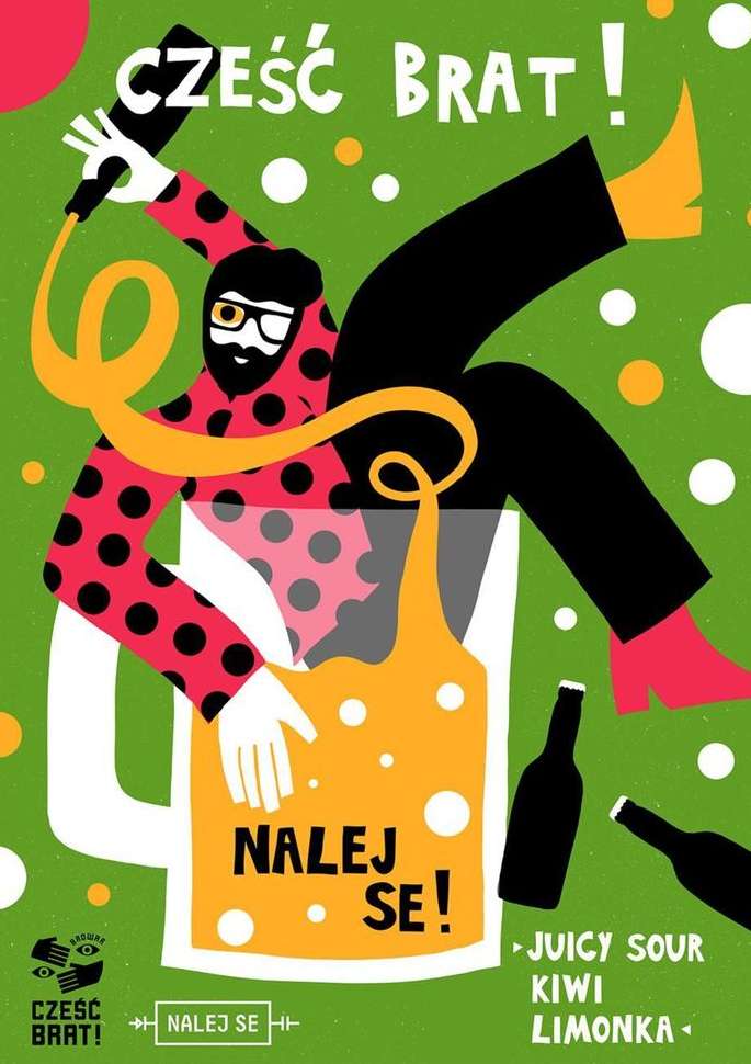Illustration of a man with a beard sitting in a glass being filled with juice from a bottle, against a green background with text.