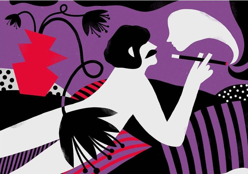 Abstract art featuring a stylized man with a mustache smoking, set against a purple background with floral and geometric shapes.