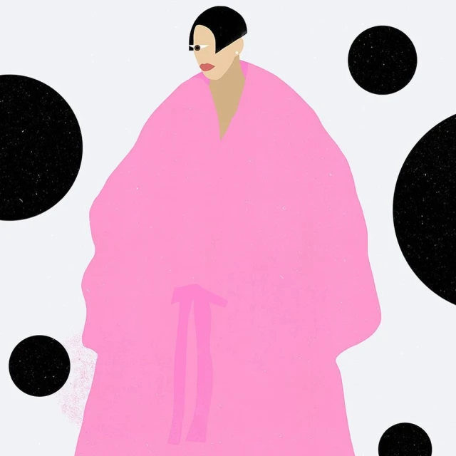 Illustration of a stylish woman wearing a pink coat with a tie, black hair, and sunglasses, standing against a white background with black circles.