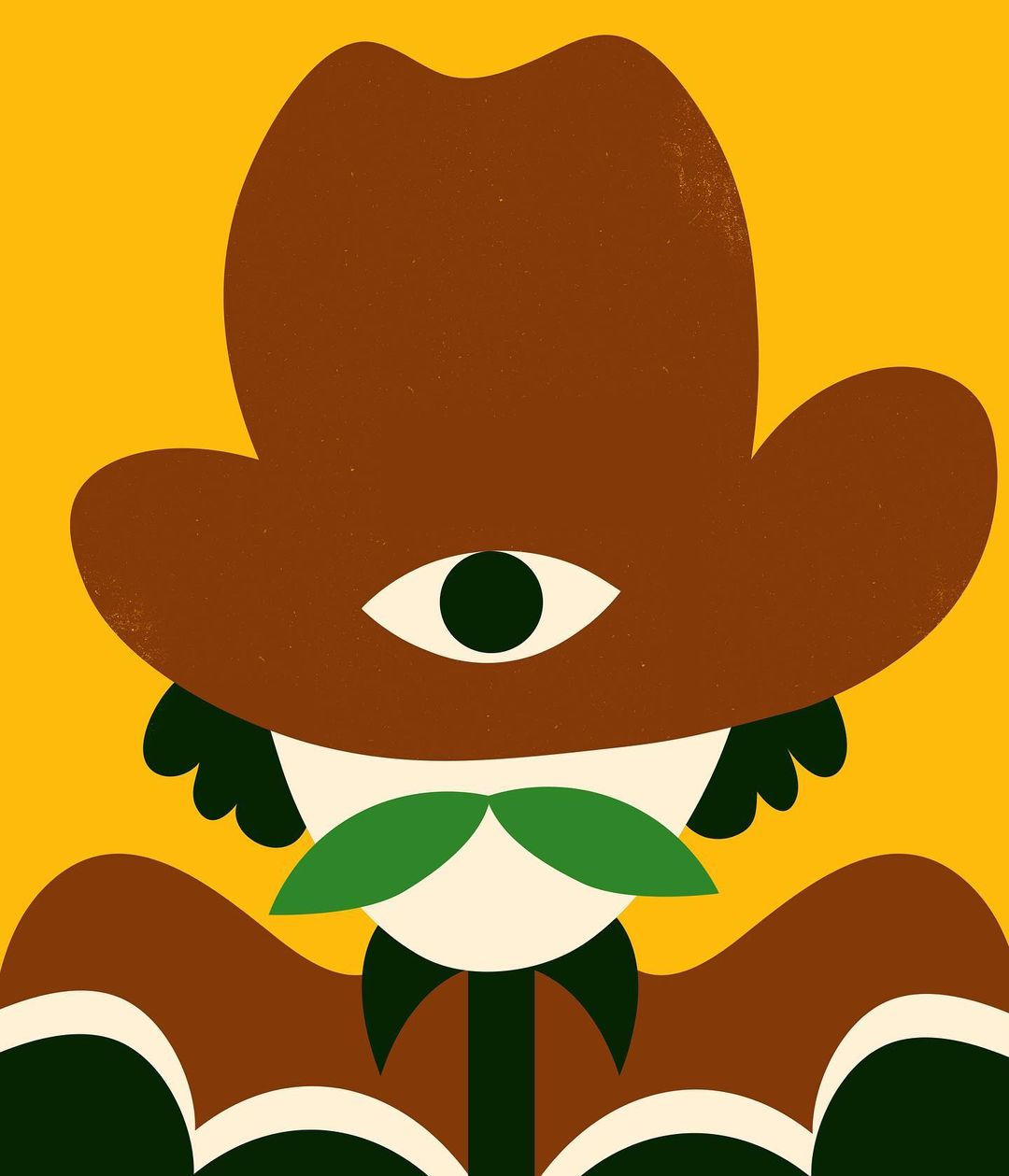 Stylized illustration of a man with a cowboy hat and a mustache, featuring a third eye on the hat against a yellow background.