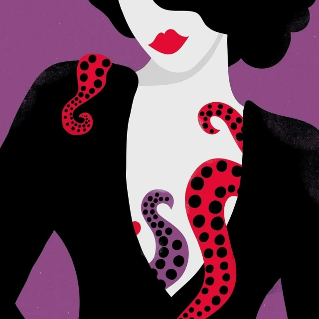 Illustration of a woman in a black jacket, graphic skin with red and purple polka-dot tentacles on a purple background.