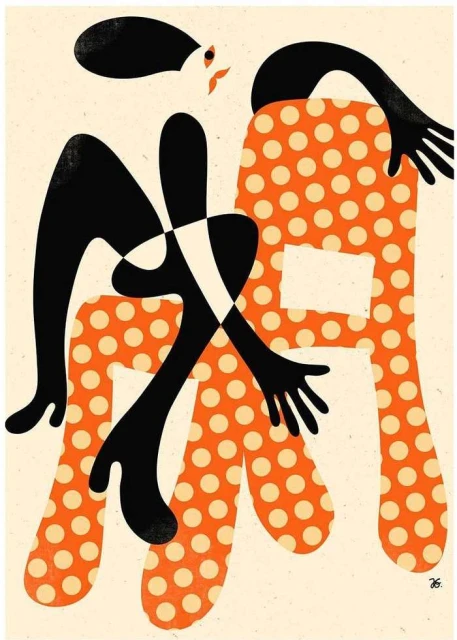 Stylized art illustration of a human figure in black with a polka-dotted chair in coral and beige against a beige background.