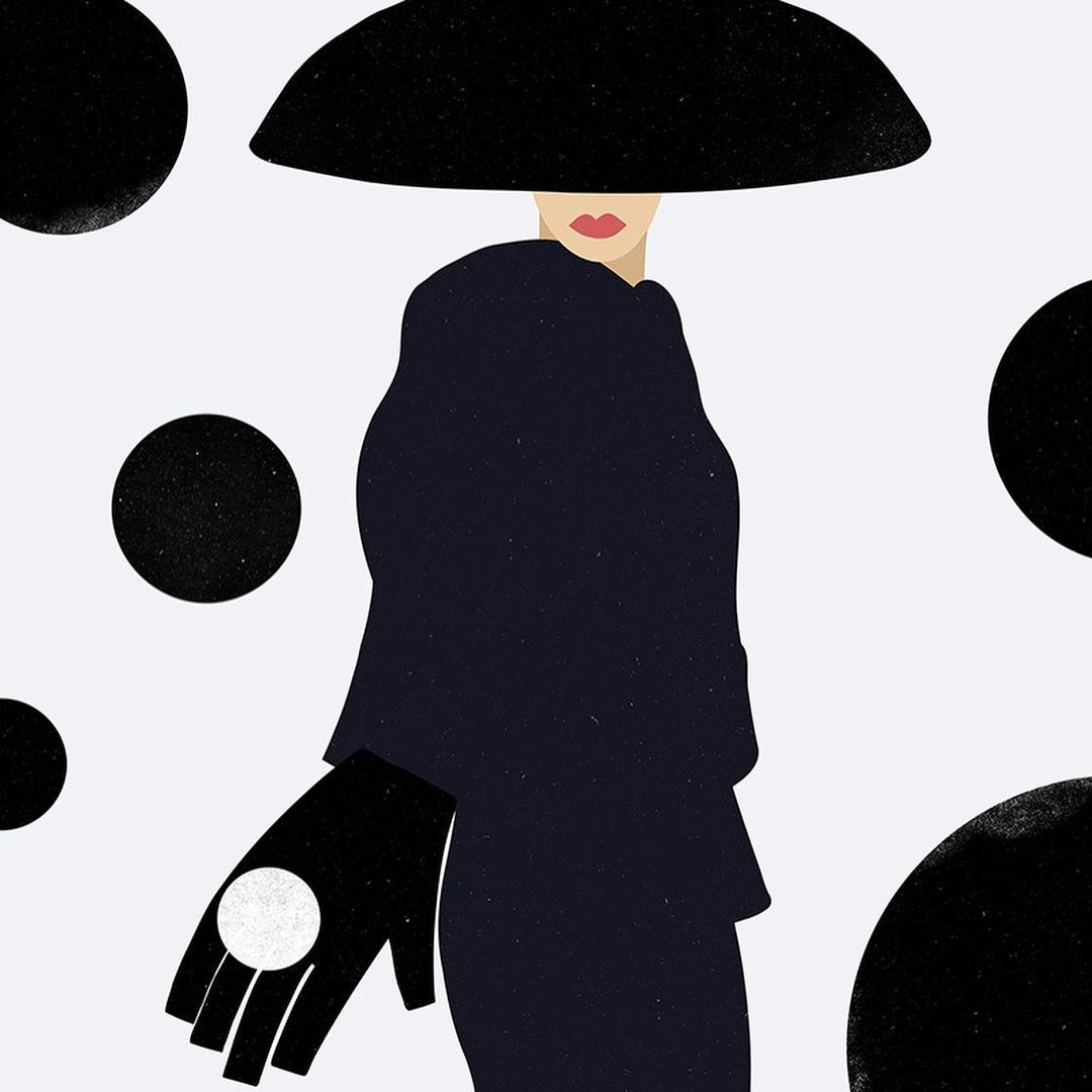 Illustration of a stylish woman in dark coat and hat, with a black-and-white patterned glove, against a light background with dark circles.