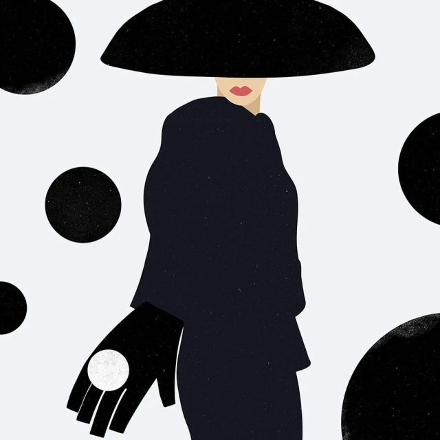 Illustration of a stylish woman in dark coat and hat, with a black-and-white patterned glove, against a light background with dark circles.