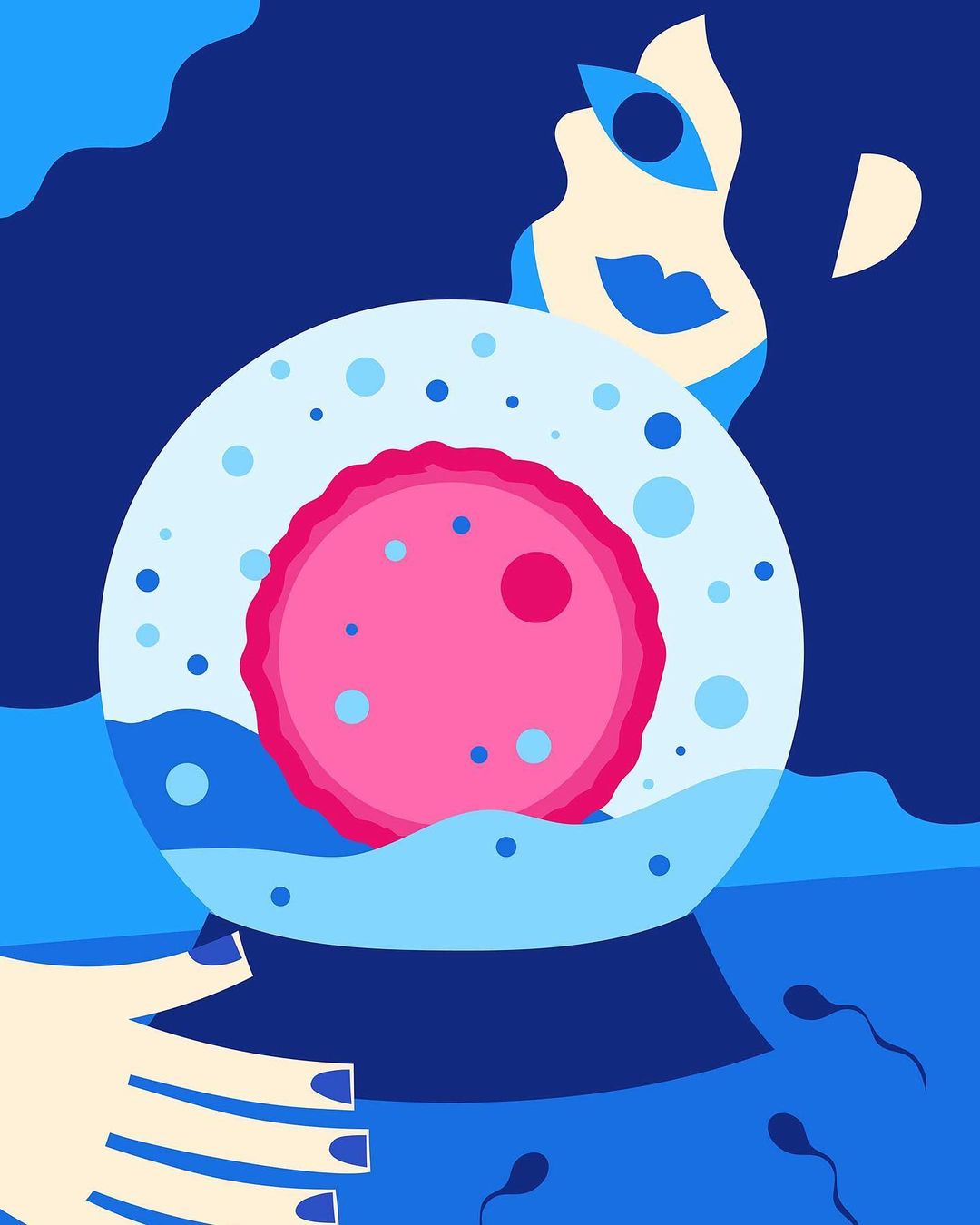 Abstract art illustration of a woman with cell and sperm. Concept for fertility, reproduction, gynecology, and women's health.