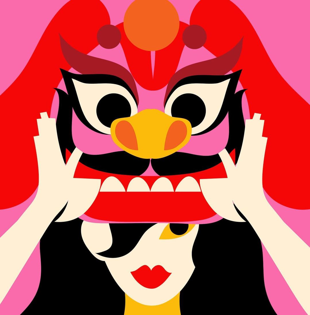Illustration of a woman holding a red and white Chinese lion dance mask against a pink and red background, graphic art.
