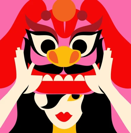 Illustration of a woman holding a red and white Chinese lion dance mask against a pink and red background, graphic art.