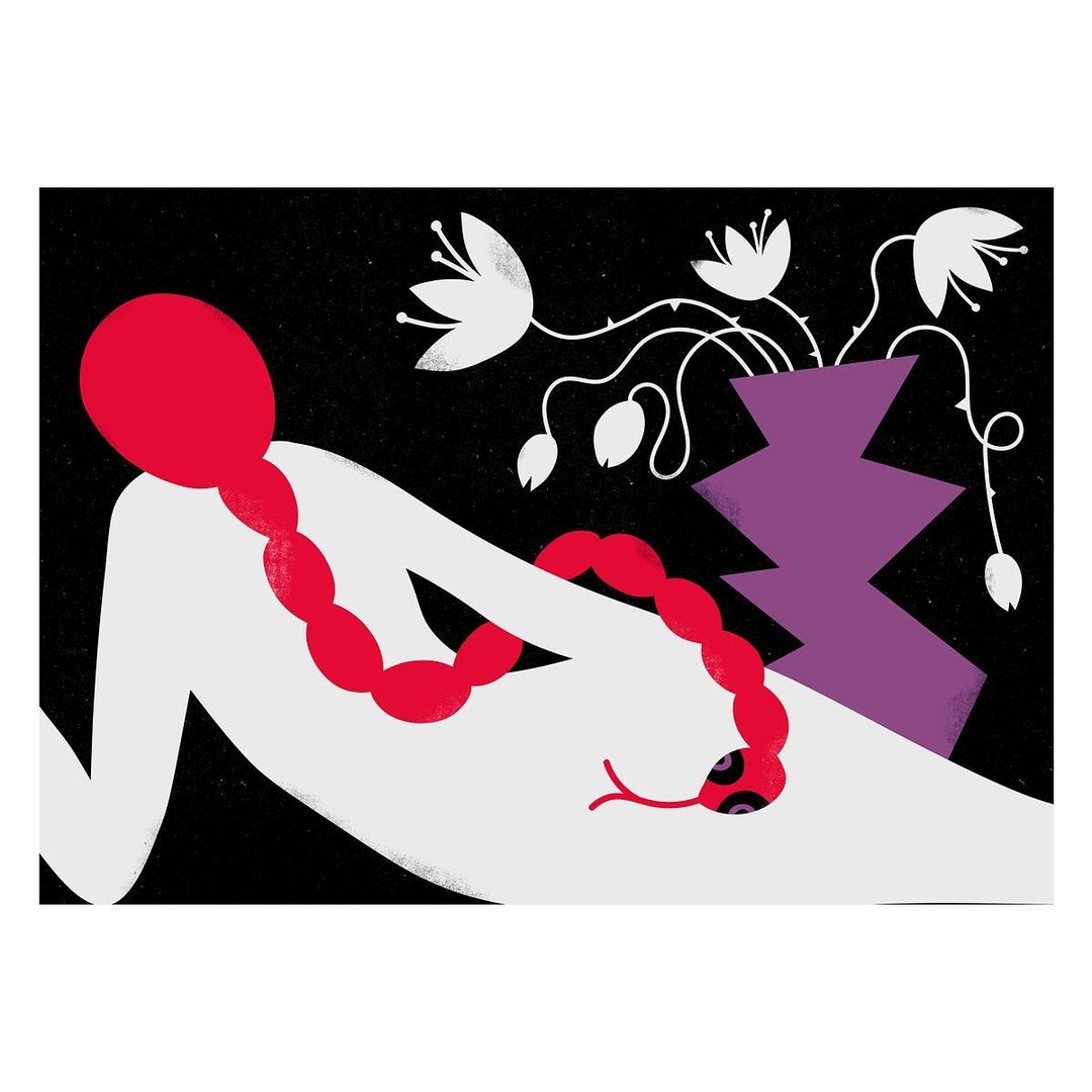 Illustration of a reclined figure with a red braid, a red snake, and a purple vase with white flowers on a black background.