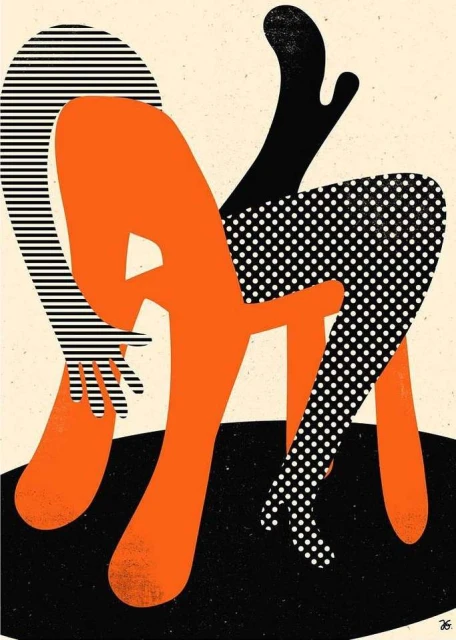 Abstract art illustration featuring geometric shapes and figures with stripe, polka dot, and solid patterns in orange, black and white tones.