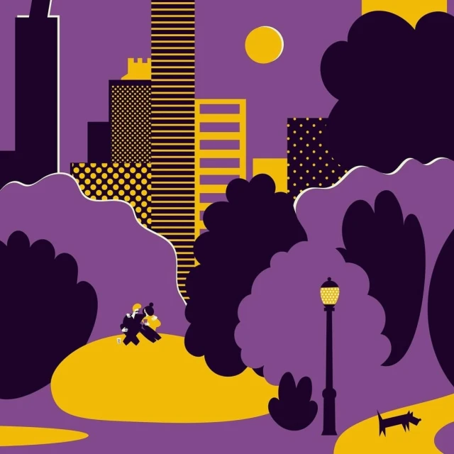 Illustrated graphic of an urban park scene with a couple, dog, and stylized cityscape against a purple sky and yellow sun.