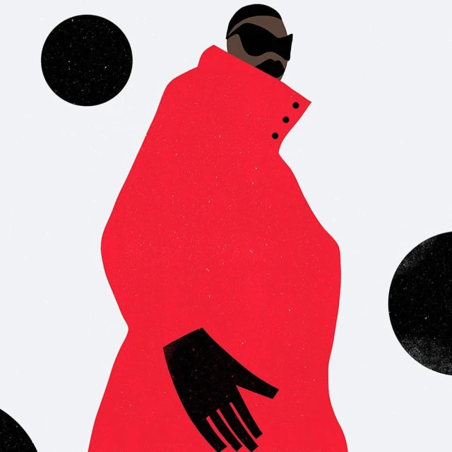 Illustration of a stylish person in a red coat with sunglasses, against a white background with floating black circles.