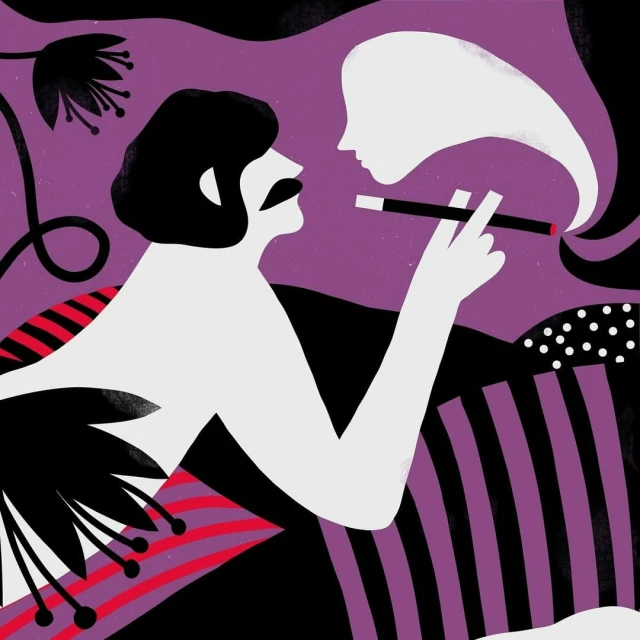 Illustration of a man with a mustache smoking near a head silhouette against a purple backdrop with striped and polka-dotted patterns.