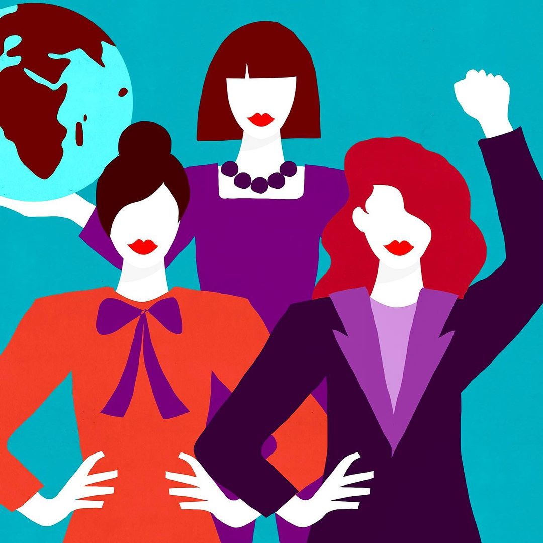 Illustration of three diverse women standing together with a globe, symbolizing unity, empowerment, and global women's rights advocacy.