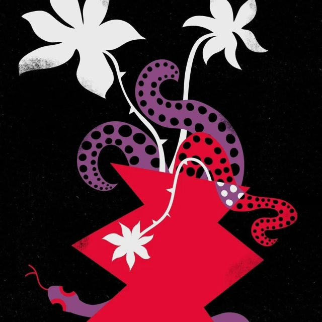 Illustration featuring flowers and a snake emerging from a geometric vase, set against a black backdrop with a textured, grainy effect.