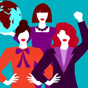 Digital illustration by Joanna Gniady featuring three stylized women against a vibrant teal background.