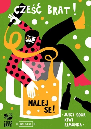 Digital illustration of a bearded man in a polka dot shirt pouring a drink from a bottle into a large mug against green background.