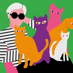 Colorful illustration of a person with white hair and sunglasses surrounded by several brightly colored cats against a green background