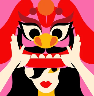Digital illustration by Joanna Gniady featuring a woman holding a colourful decorative dragon mask