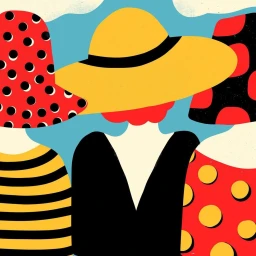 Illustration of four people wearing colorful patterned hats and outfits against a blue sky with clouds.