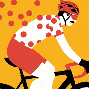 Illustration of a cyclist wearing a red polka dot jersey and helmet riding a bicycle against a solid yellow background