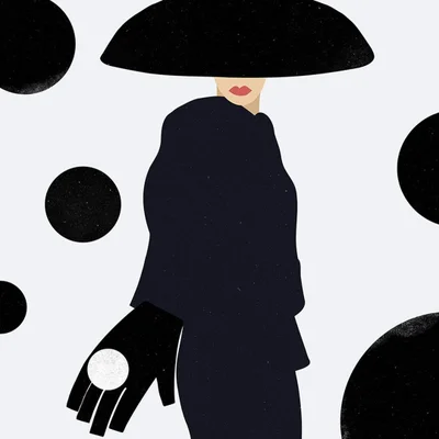 Illustration of a woman in a black outfit wearing a large hat and black gloved hand with a white ring, set against a white dotted background.
