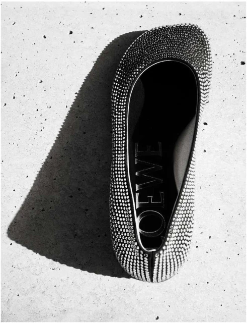 Elevated shot of a bejeweled flat shoe by Loewe set against a textured grey background with a shadow highlighting the brand's name.