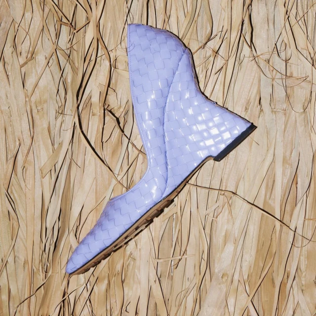 Elevated view of a single light purple woven women's wedge shoe against a natural background of dried grass or reeds. Fashion and footwear.