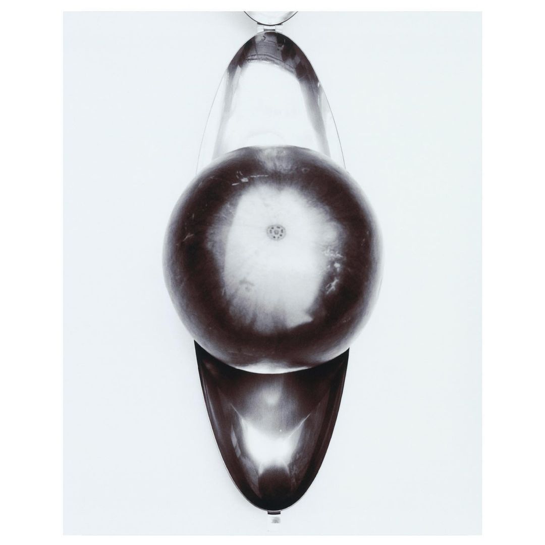 Abstract studio photography of a reflective, brown sphere atop an oval-shaped base against a plain white backdrop, captured in black and white.
