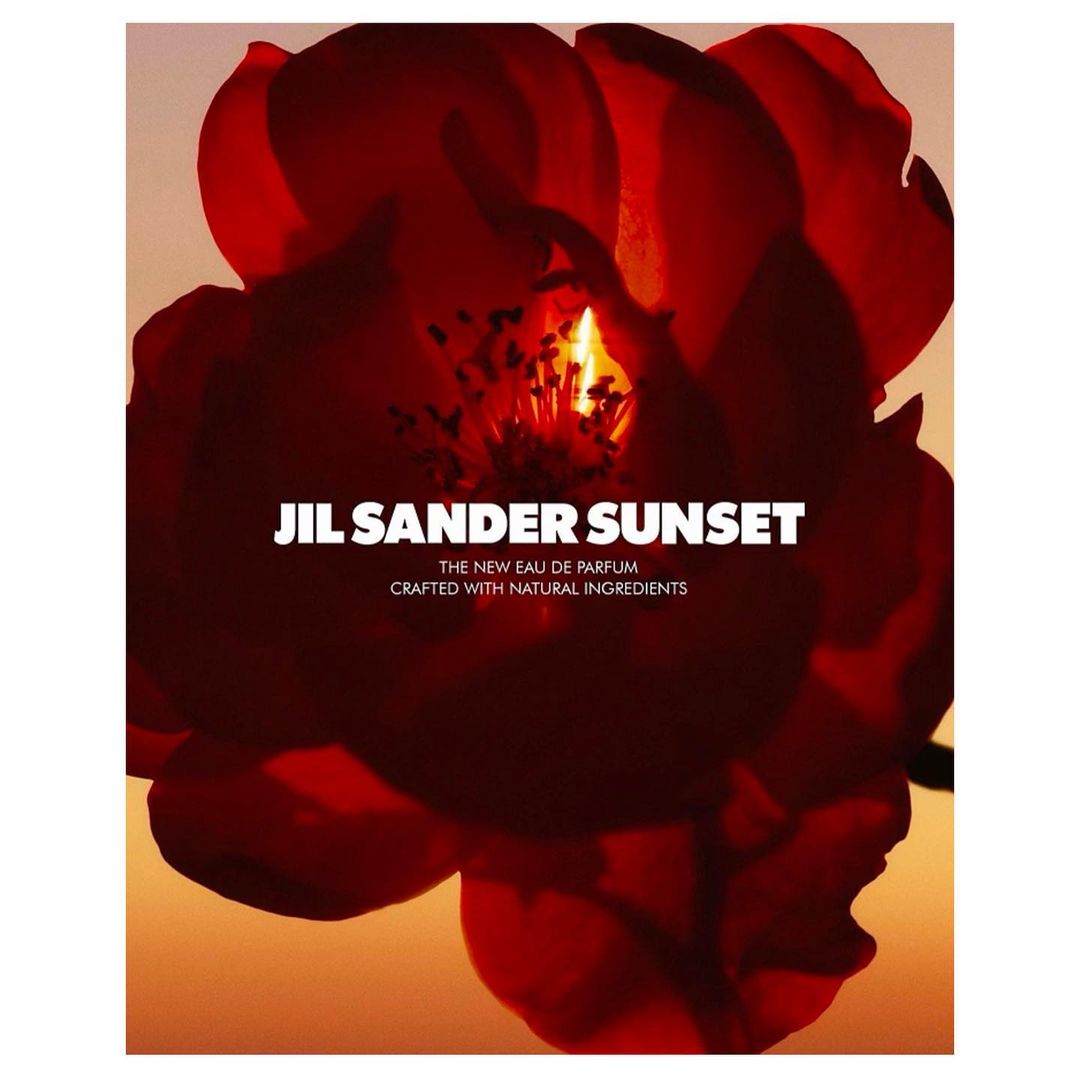 A red flower with a sunset in the background, showcasing the JIL SANDER SUNSET perfume with the product name and details.