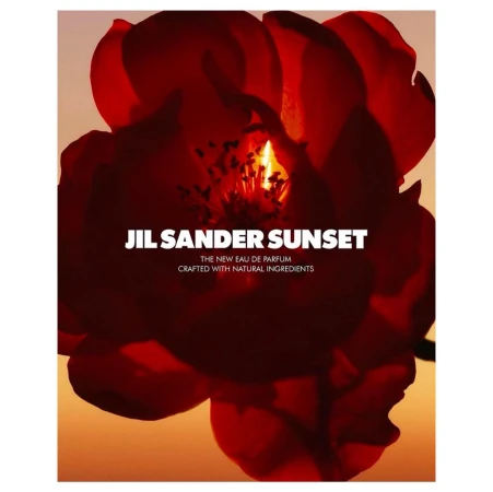 A red flower with a sunset in the background, showcasing the JIL SANDER SUNSET perfume with the product name and details.