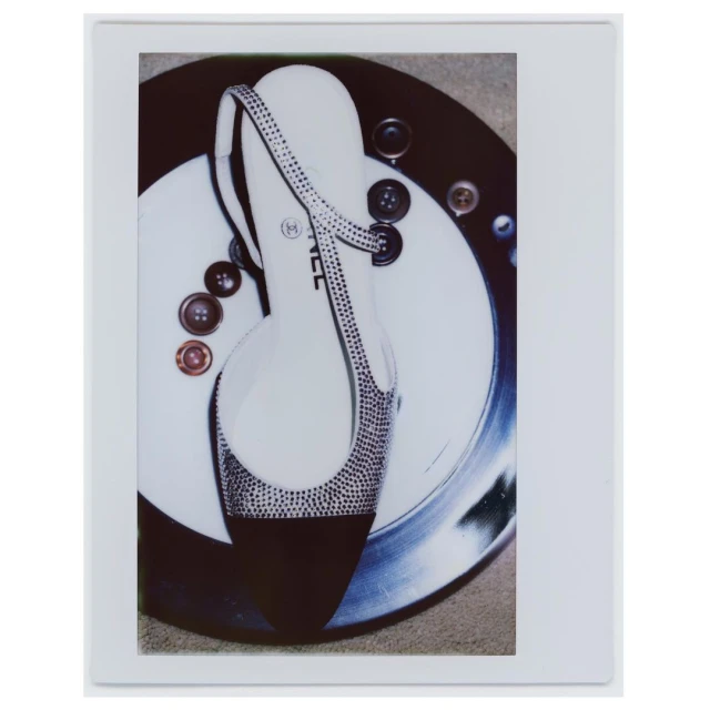 Close-up studio shot of a black and white high-heeled slingback shoe with buttons on a white plate. Fashion and product photography.