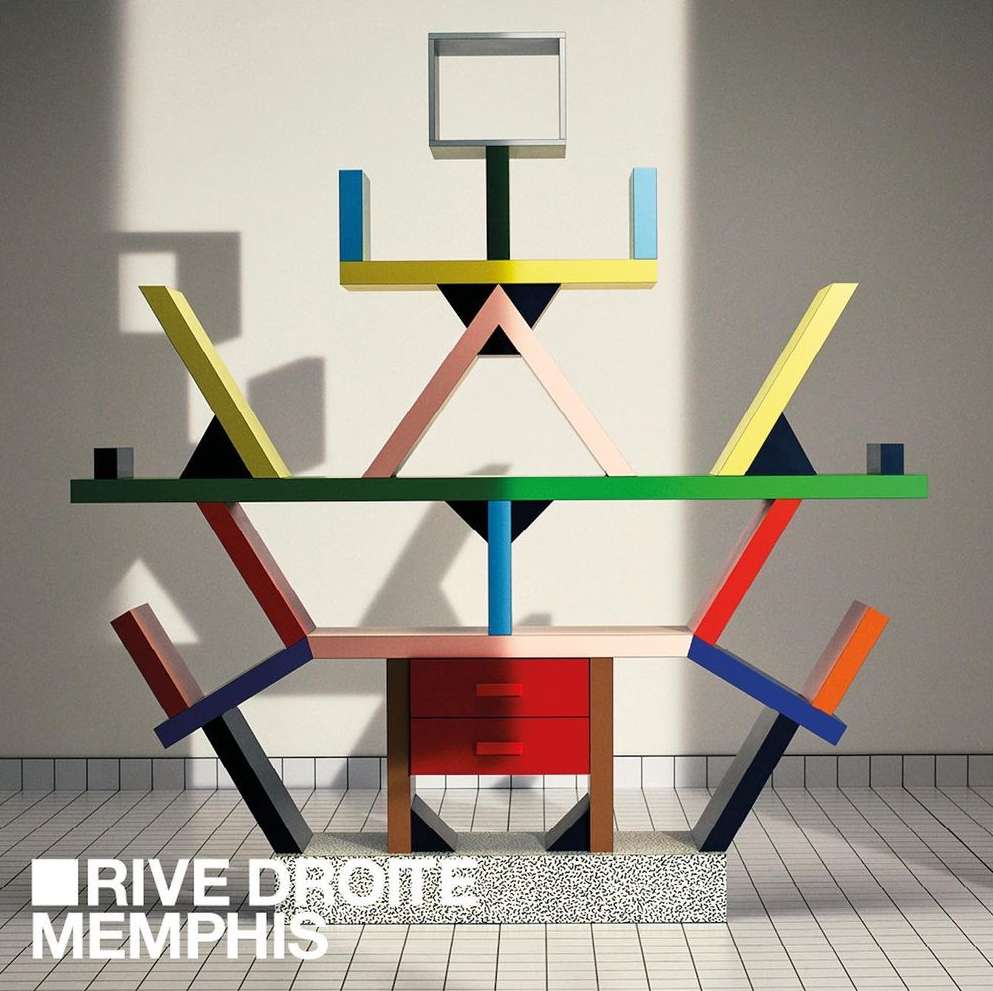Memphis style furniture with geometric shapes and bright colors against a white background with tiled floor and the words Rive Droite Memphis.