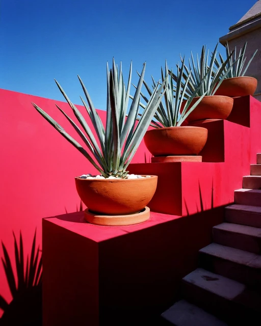 Three potted agave plants line a set of red stairs against a vibrant blue sky, creating a striking geometric and colorful composition.