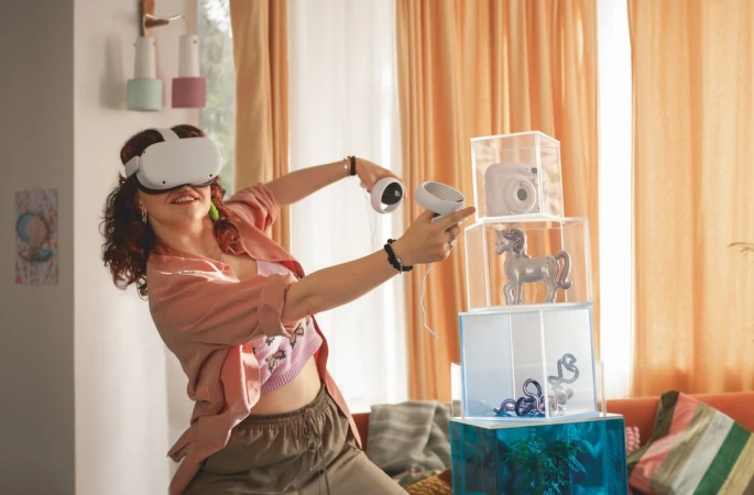 Woman wearing VR headset and holding controllers stands in living room; clear cubes display horse figurine, camera, and plants.