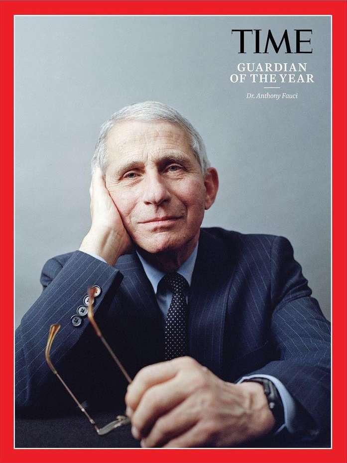 Time magazine cover portrait of Dr. Anthony Fauci in a suit and tie, holding eyeglasses, against a gray background.