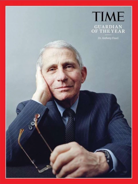 Time magazine cover portrait of Dr. Anthony Fauci in a suit and tie, holding eyeglasses, against a gray background.