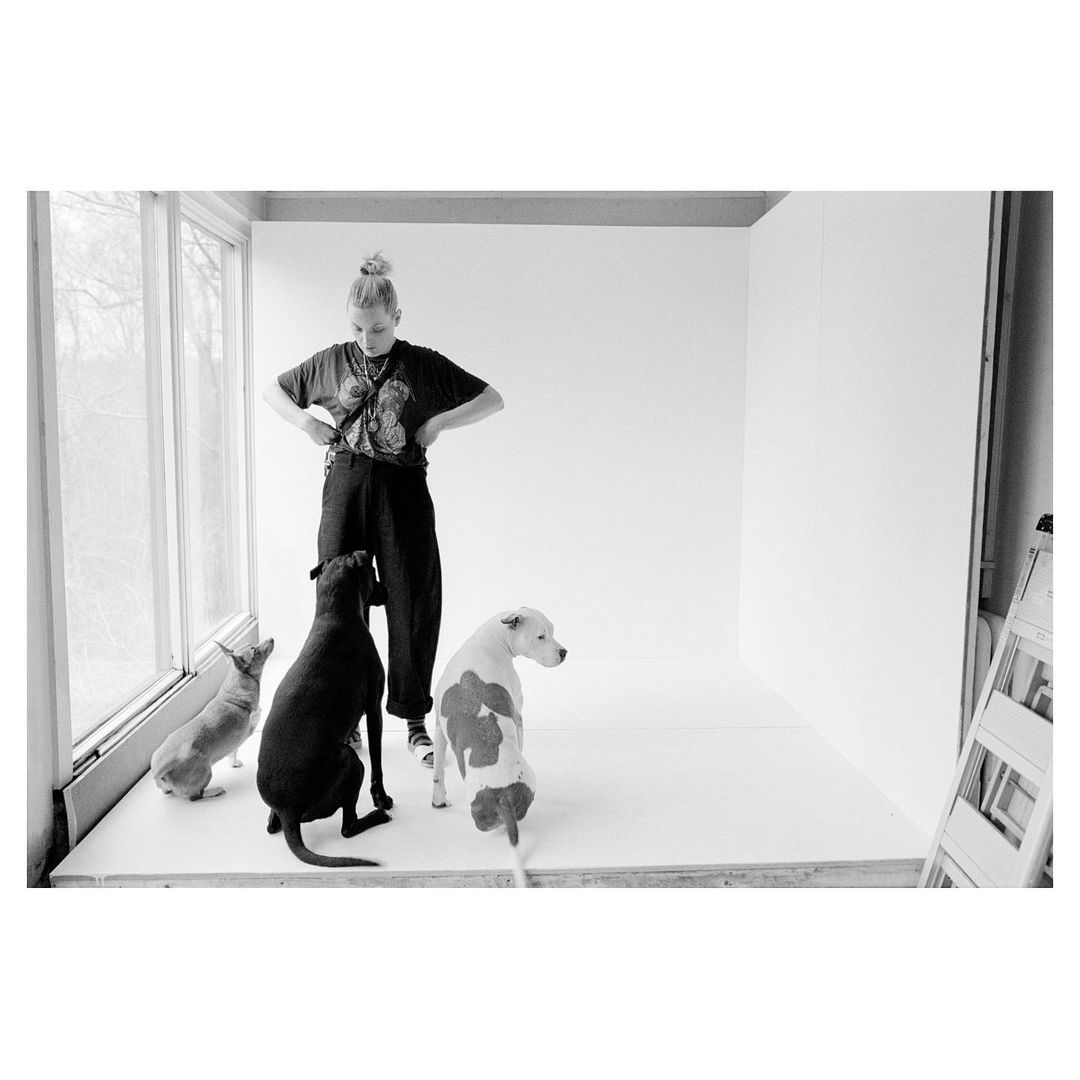 Black and white studio shot of a woman posing with four dogs of varying breeds in a bright, minimalist setting with large windows.