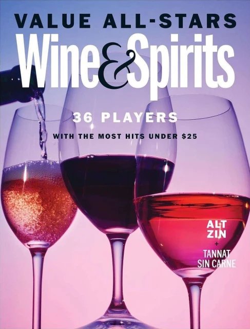 Wine & Spirits magazine cover featuring three filled wine glasses in front of a blue and pink gradient background with overlaid text.