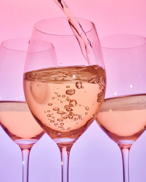 Three wine glasses filled with a white wine, one glass is being poured into, pink and purple color background, close up view.