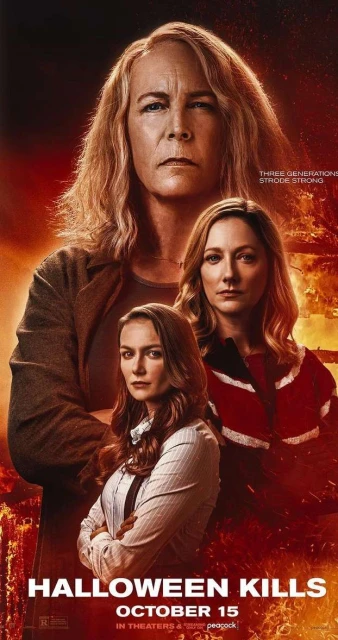 Movie poster featuring three generations of women from 'Halloween Kills': Jamie Lee Curtis and two other actresses are set against an orange background.