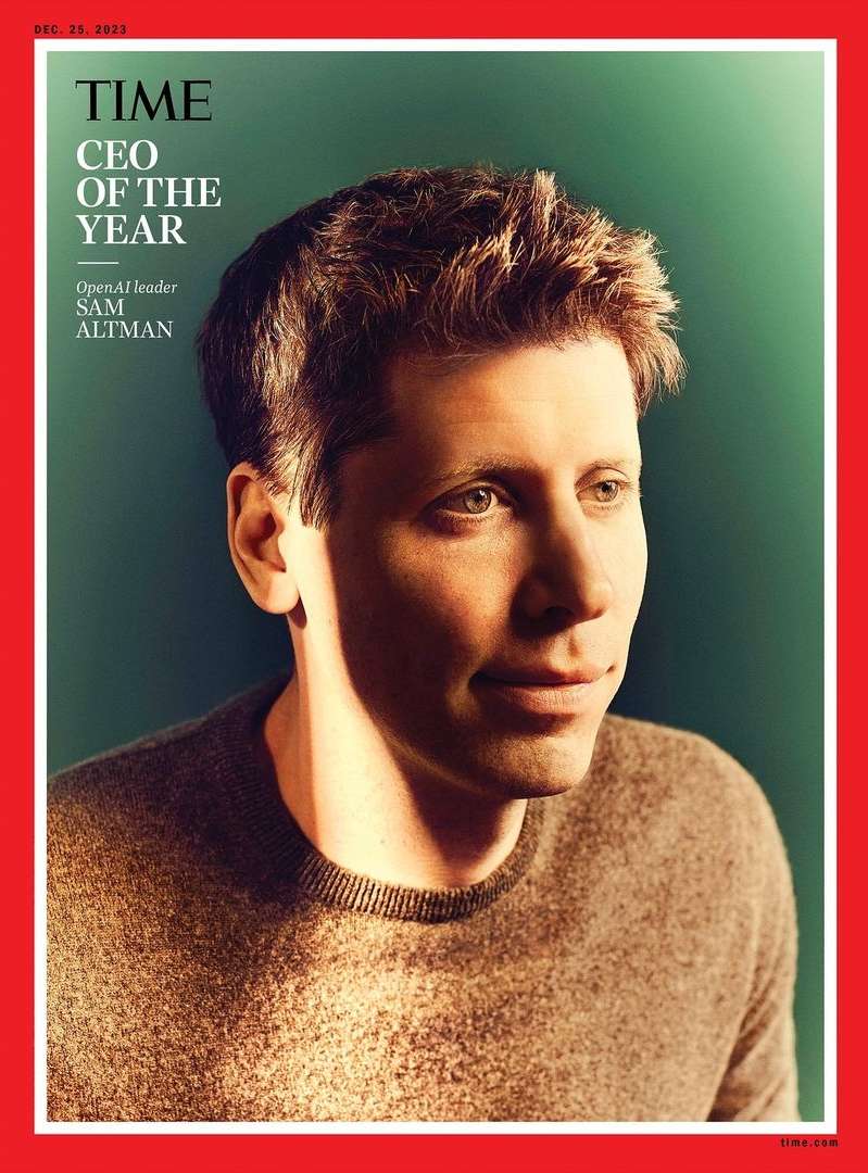 Time Magazine cover featuring a portrait of Sam Altman, CEO of the Year, against a green background with red frame.