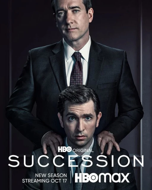 Promotional image for HBO's 'Succession' featuring two adult men wearing suits against a dark background. Text overlays the image.