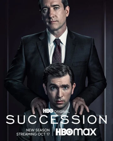 Promotional image for HBO's 'Succession' featuring two adult men wearing suits against a dark background. Text overlays the image.